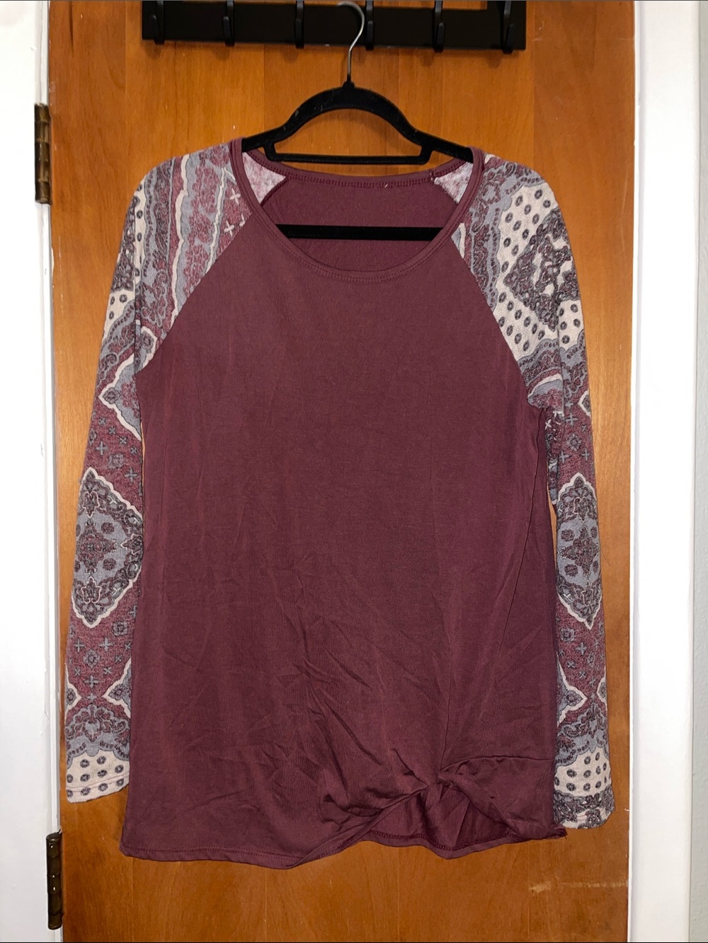 Women’s Long Sleeve Raglan Top with Patterned Sleeves - Wine
